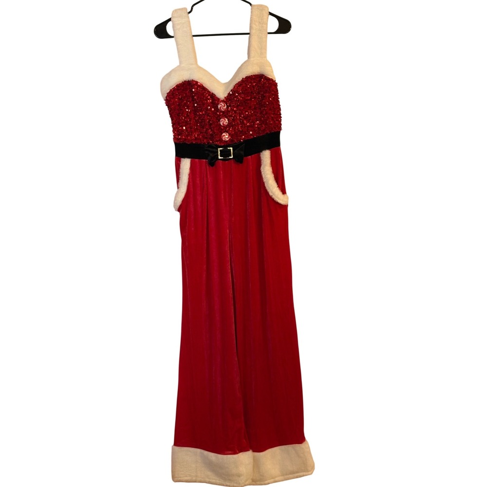 No Boundaries Santa Jumpsuit Red Sequin Velvet Faux Fur Christmas Medium 8-10 - Picture 2 of 5